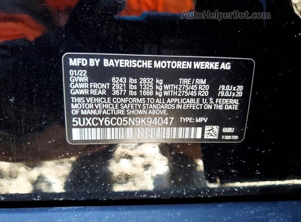 5UXCY6C05N9K94047 2022 BMW X6 Черный Вид наклейки с VIN-кодом