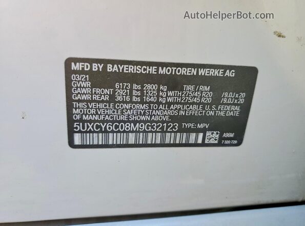 5UXCY6C08M9G32123 2021 BMW X6 White Widok naklejki z numerem VIN