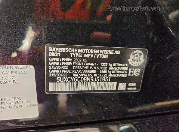 5UXCY6C08N9J51951 2022 BMW X6 Black Սալոնի 360 աստիճան տեսք