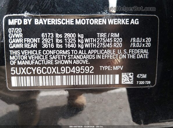 5UXCY6C0XL9D49592 2020 BMW X6 Black 