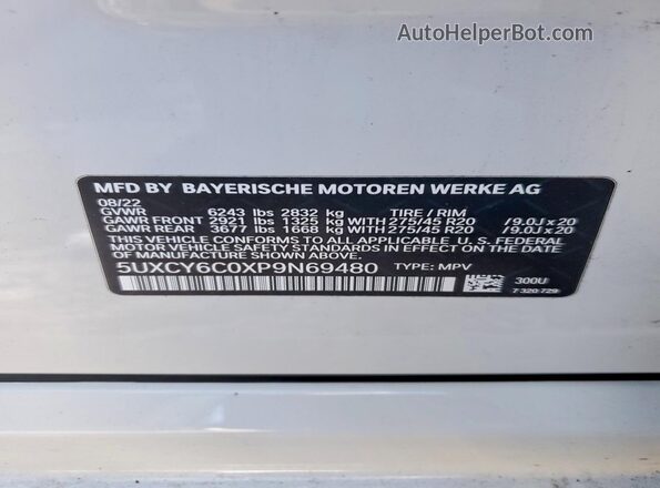 5UXCY6C0XP9N69480 2023 BMW X6 White Vista de la etiqueta del VIN