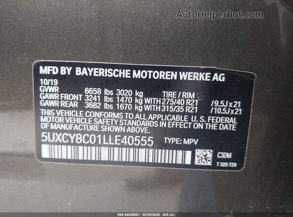 5UXCY8C01LLE40555 2020 BMW X6 Brown 