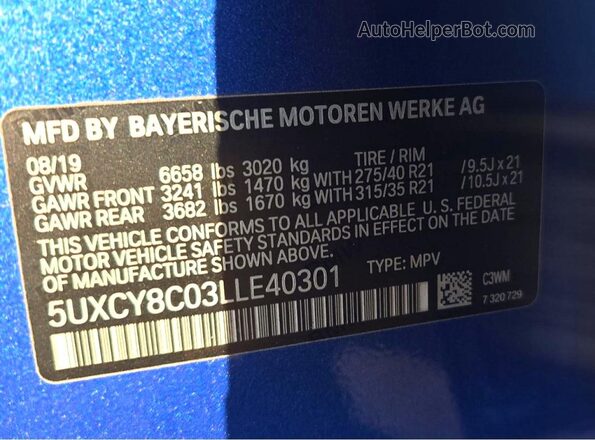 5UXCY8C03LLE40301 2020 BMW X6 Blue Вид задніх сидінь