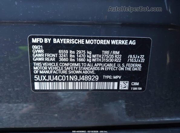 5UXJU4C01N9J48929 2022 BMW X5 Gray 