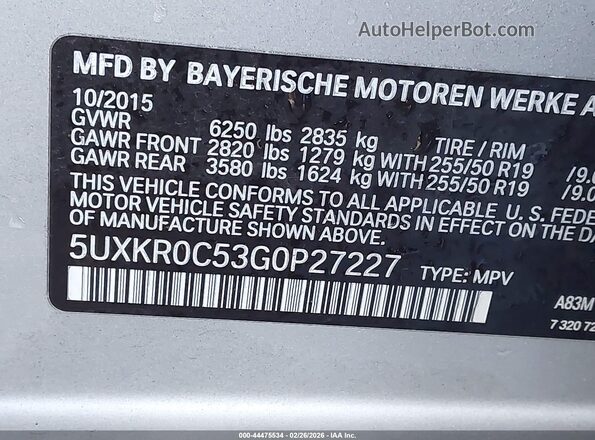 5UXKR0C53G0P27227 2016 BMW X5 Silver Շարժիչի բաժամունքի տեսք