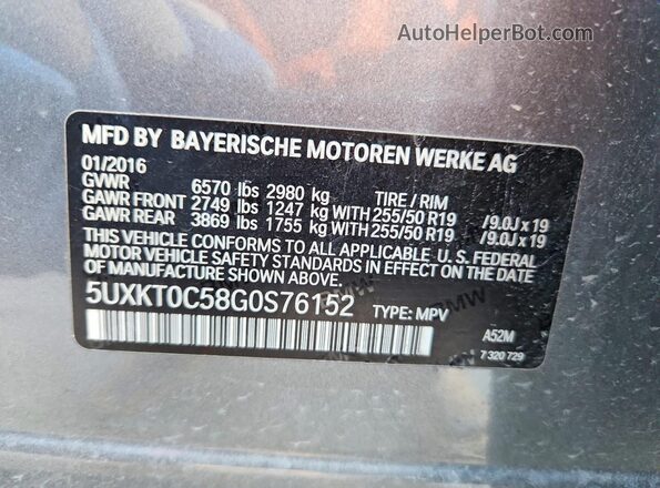 5UXKT0C58G0S76152 2016 BMW X5 Серый Вид наклейки с VIN-кодом