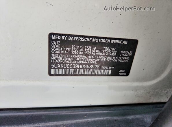 5UXKU0C39H0G68928 2017 BMW X6 Белый 