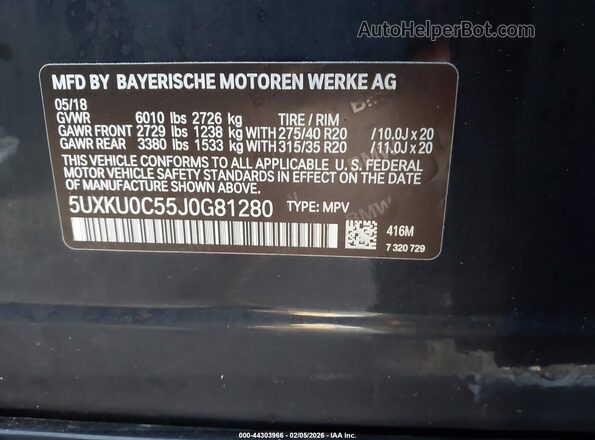 5UXKU0C55J0G81280 2018 BMW X6 Черный 