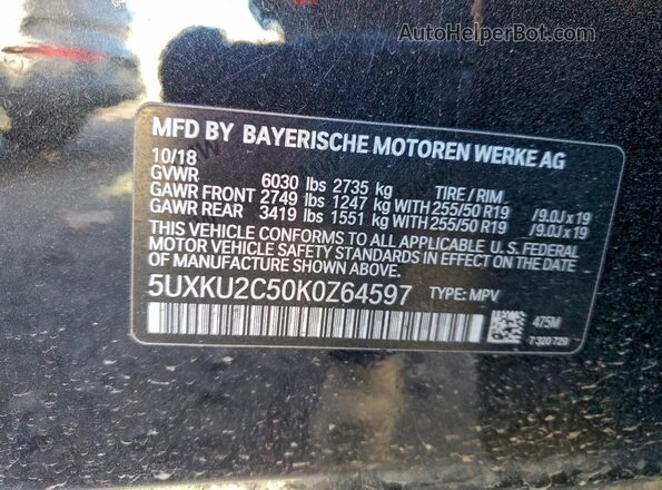 5UXKU2C50K0Z64597 2019 BMW X6 Black VIN sticker view