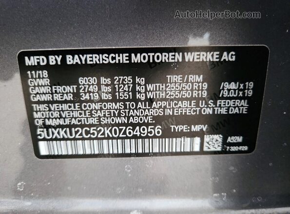 5UXKU2C52K0Z64956 2019 BMW X6 Gray VIN კოდის სტიკერის ხედი