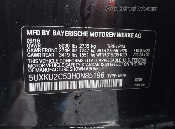 5UXKU2C53H0N85196 2017 BMW X6 Черный Вид подкапотного пространства