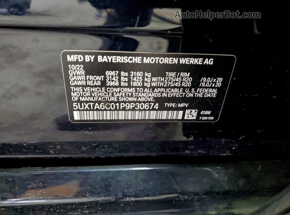 5UXTA6C01P9P30674 2023 BMW X5 Black VIN sticker view