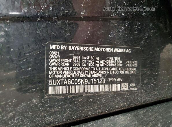 5UXTA6C05N9J15123 2022 BMW X5 Black Vista de la etiqueta del VIN