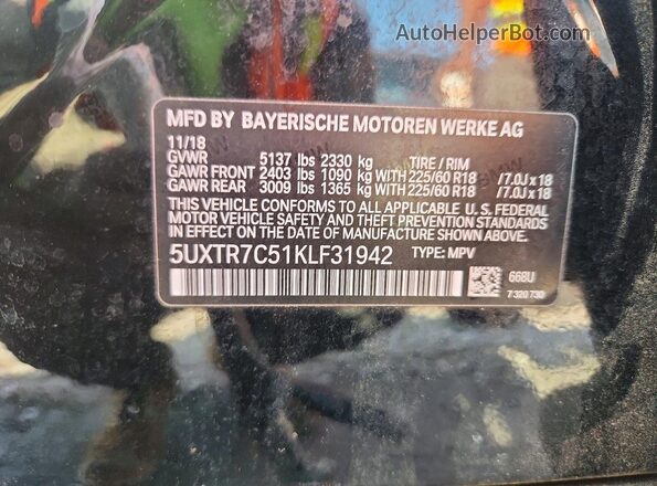 5UXTR7C51KLF31942 2019 BMW X3 Black VIN კოდის სტიკერის ხედი