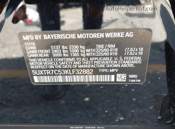 5UXTR7C53KLF32882 2019 BMW X3 Black 