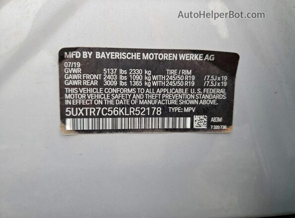 5UXTR7C56KLR52178 2019 BMW X3 Серебряный 