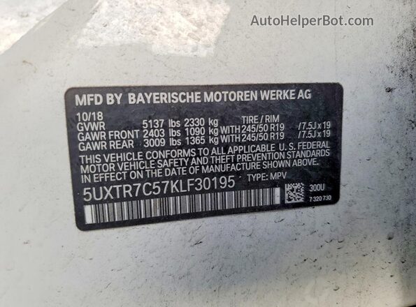 5UXTR7C57KLF30195 2019 BMW X3 White 