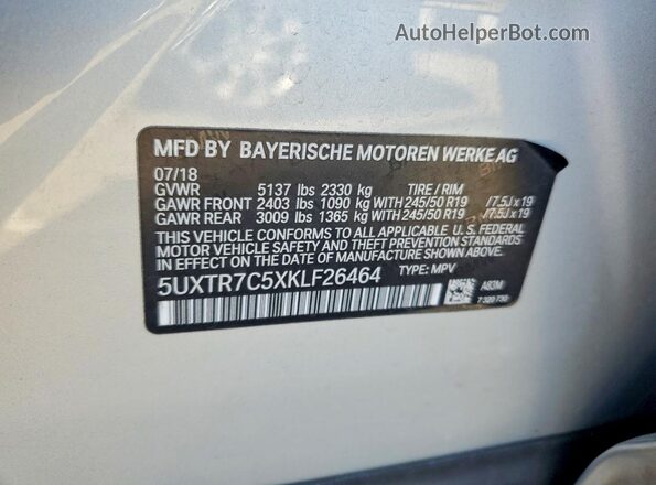 5UXTR7C5XKLF26464 2019 BMW X3 Silver Widok naklejki z numerem VIN
