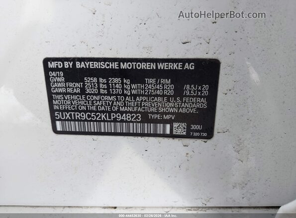 5UXTR9C52KLP94823 2019 BMW X3 White 
