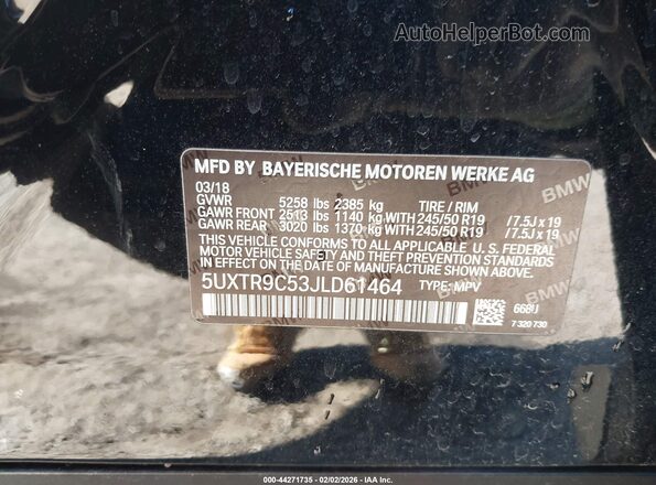 5UXTR9C53JLD61464 2018 BMW X3 Black Շարժիչի բաժամունքի տեսք