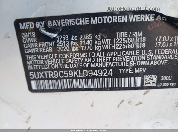 5UXTR9C59KLD94924 2019 BMW X3 White 