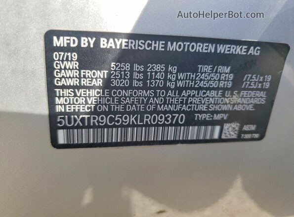 5UXTR9C59KLR09370 2019 BMW X3 Silver 