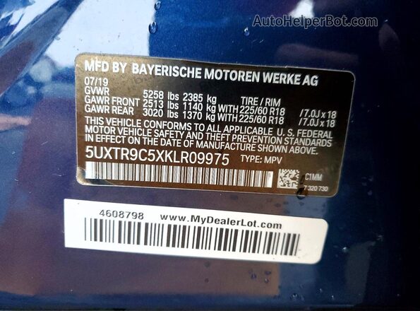 5UXTR9C5XKLR09975 2019 BMW X3 Синий 