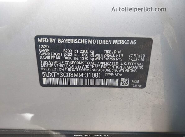 5UXTY3C08M9F31081 2021 BMW X3 Silver Вид підкапотного простору