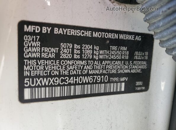 5UXWX9C34H0W67910 2017 BMW X3 White VIN კოდის სტიკერის ხედი