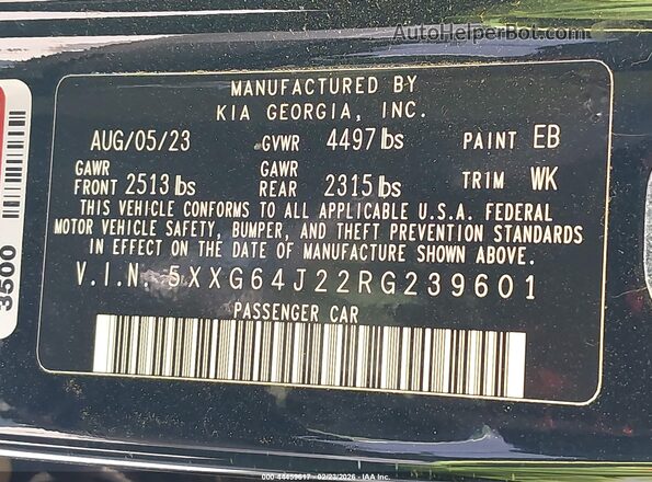 5XXG64J22RG239601 2024 KIA K5 Black Engine compartment view