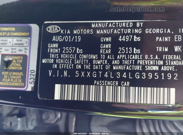 5XXGT4L34LG395192 2020 KIA OPTIMA Черный Вид подкапотного пространства