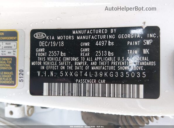 5XXGT4L39KG335035 2019 KIA OPTIMA White 