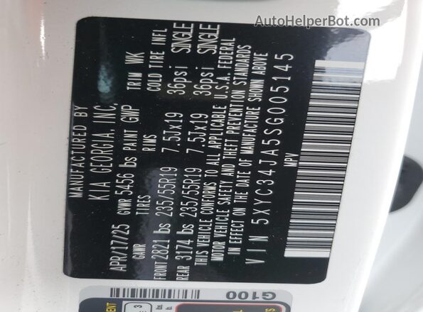 5XYC34JA5SG005145 2025 KIA EV6 White VIN sticker view