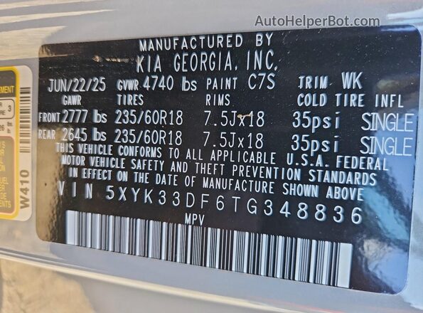 5XYK33DF6TG348836 2026 KIA SPORTAGE Silver Vista de la etiqueta del VIN