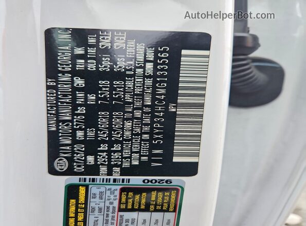 5XYP34HC4MG133565 2021 KIA TELLURIDE White VIN կոդի պիտակի տեսք