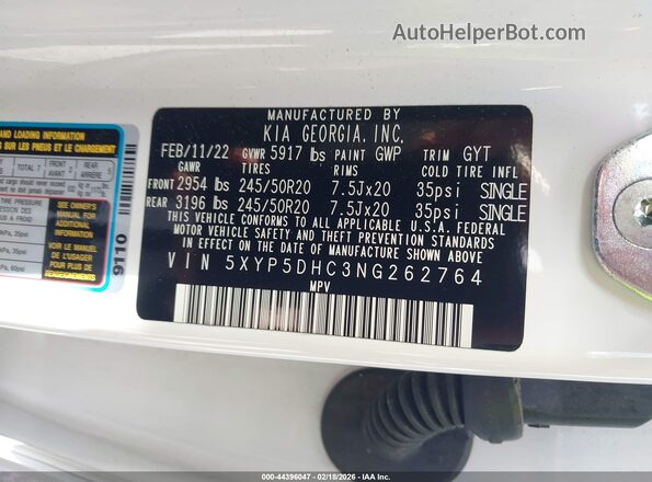 5XYP5DHC3NG262764 2022 KIA TELLURIDE White Вид підкапотного простору