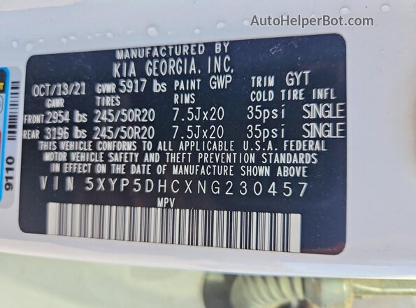 5XYP5DHCXNG230457 2022 KIA TELLURIDE White Widok naklejki z numerem VIN