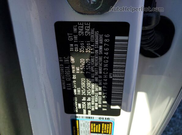 5XYP64HC3NG246786 2022 KIA TELLURIDE White VIN կոդի պիտակի տեսք