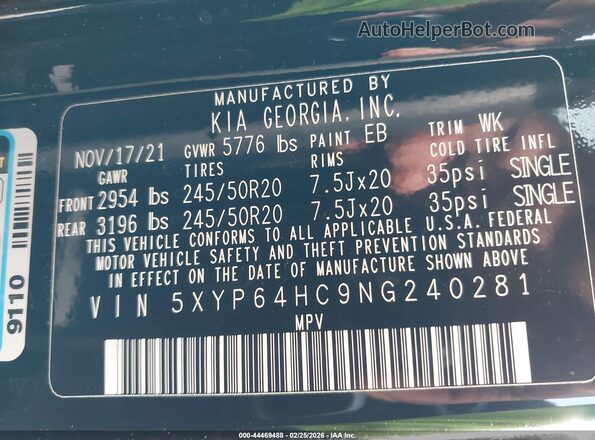 5XYP64HC9NG240281 2022 KIA TELLURIDE Черный Вид подкапотного пространства