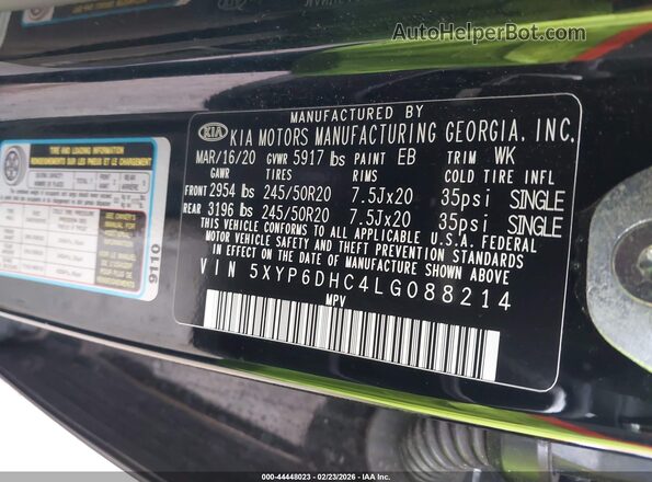 5XYP6DHC4LG088214 2020 KIA TELLURIDE Black Vista del compartimento del motor