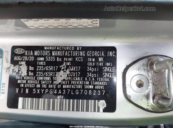 5XYPG4A37LG708237 2020 KIA SORENTO Silver 