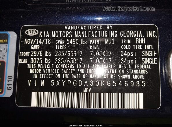 5XYPGDA30KG546935 2019 KIA SORENTO Dark Blue Vista del compartimento del motor