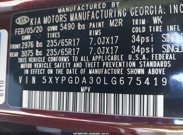 5XYPGDA30LG675419 2020 KIA SORENTO Maroon 