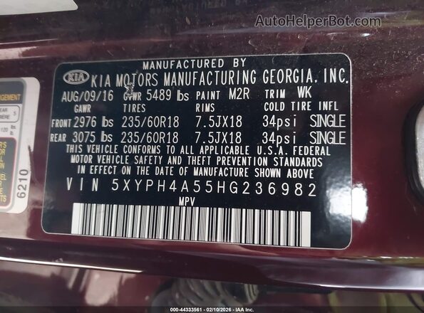 5XYPH4A55HG236982 2017 KIA SORENTO Burgundy 