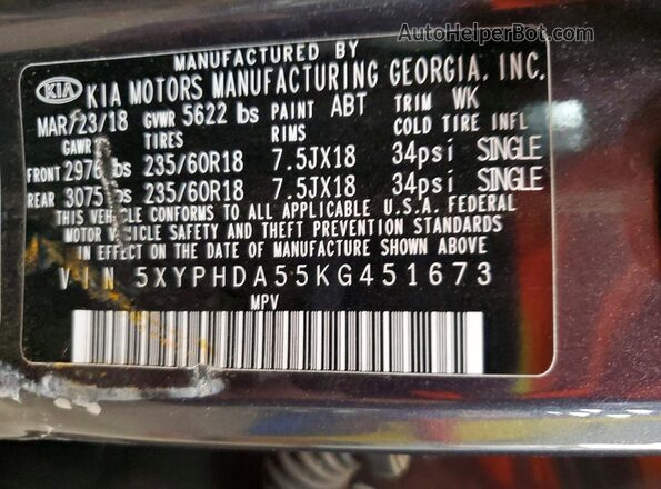 5XYPHDA55KG451673 2019 KIA SORENTO Серый 
