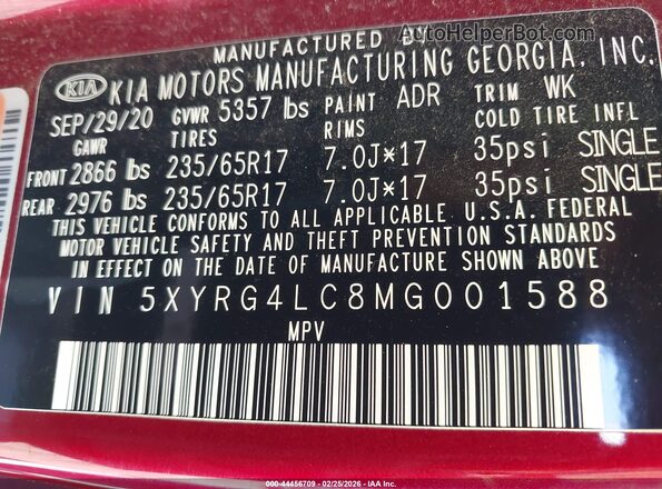5XYRG4LC8MG001588 2021 KIA SORENTO Red ძრავის განყოფილების ხედი