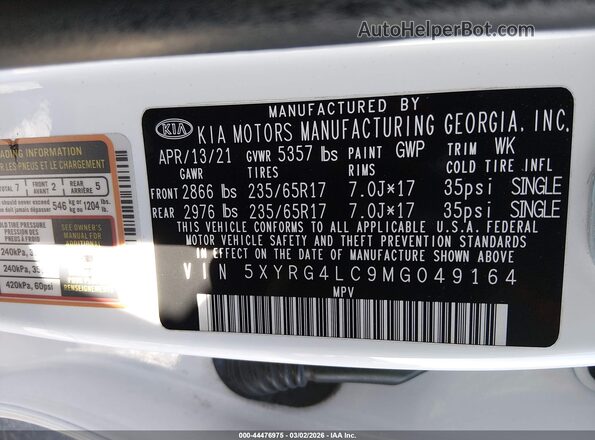 5XYRG4LC9MG049164 2021 KIA SORENTO White 