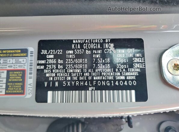 5XYRH4LF0NG140400 2022 KIA SORENTO Gray Vista interior de 360 grados