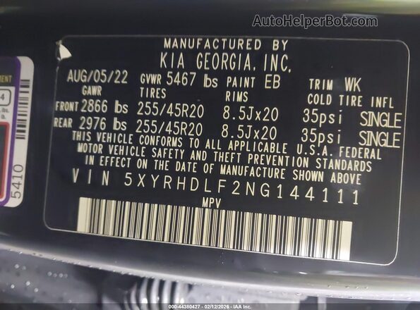 5XYRHDLF2NG144111 2022 KIA SORENTO Black Вид підкапотного простору