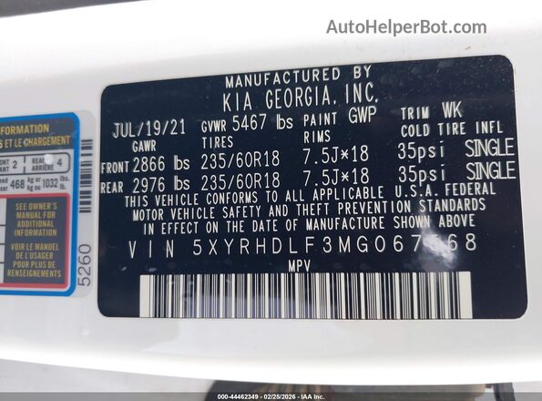 5XYRHDLF3MG067568 2021 KIA SORENTO Белый 